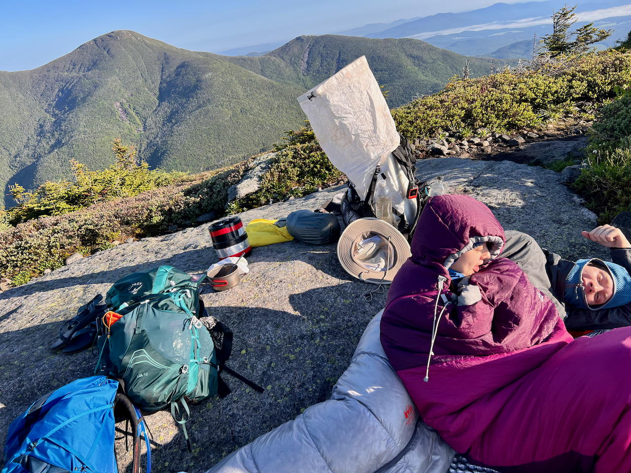 Breakfast and rest on the rocks at the summit (we were careful of the moss and lichen)
